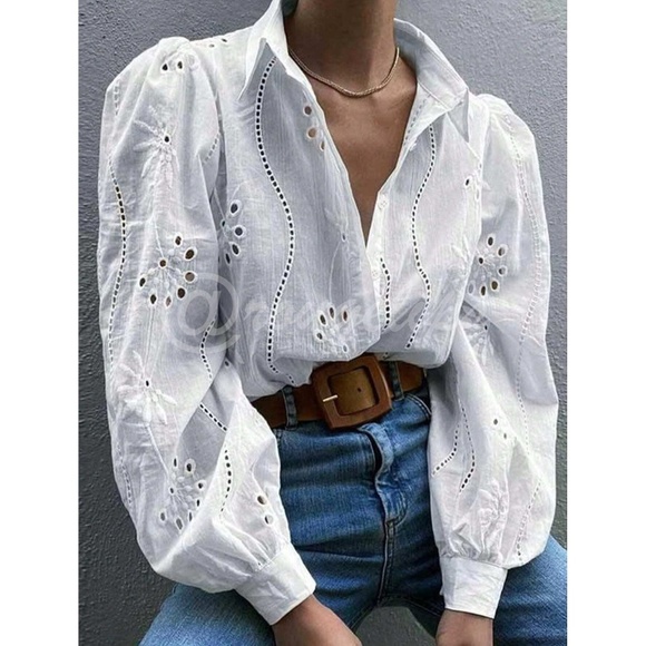 Rouge! Tops - White Boho Eyelet Shirt, French Style Collar Button Front, Eyelet Embroidery